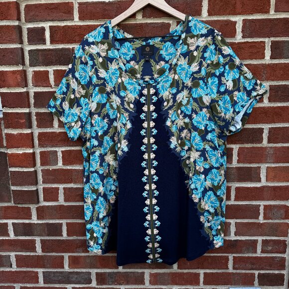 JM Collections Oaklyn Ornate Print Top Womens 3X Navy Turquoise Floral Silky - Picture 2 of 9